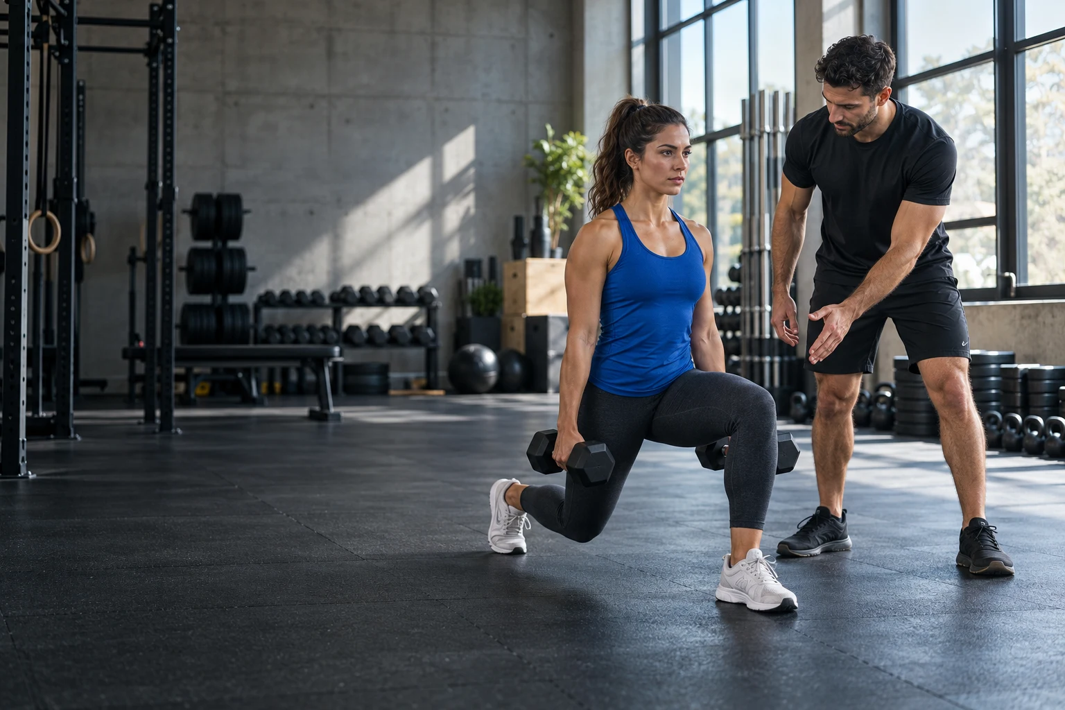 Une sportive réalise sa séance avec un coach attentif à son mouvement