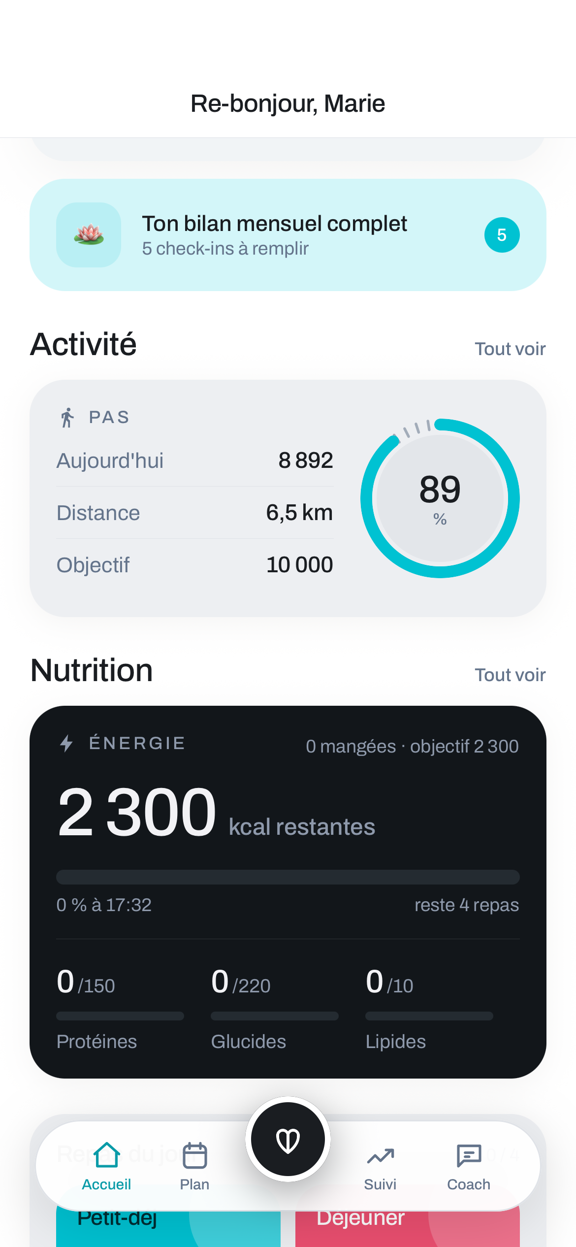 App CoachOS — accueil & nutrition (thème clair)