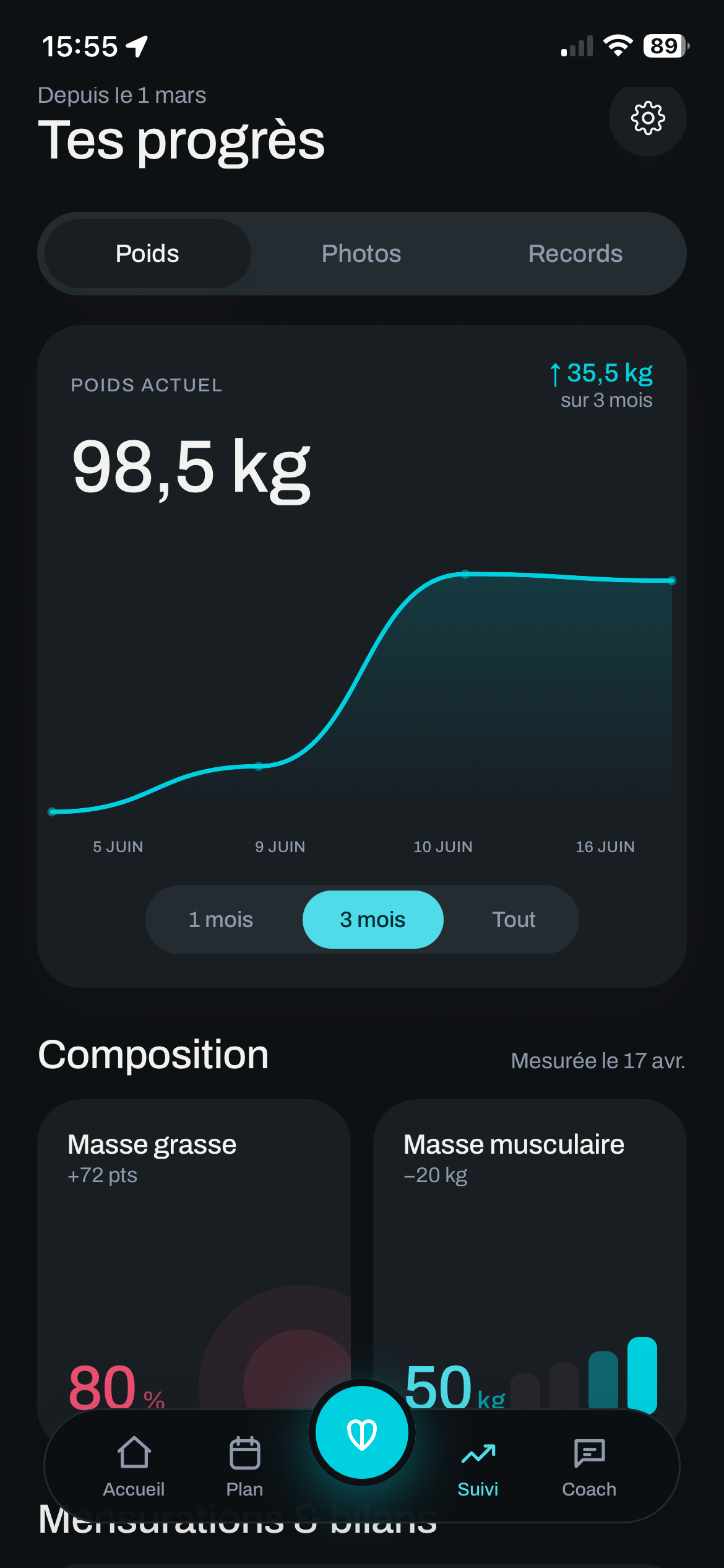 App CoachOS — suivi des progrès (thème sombre)