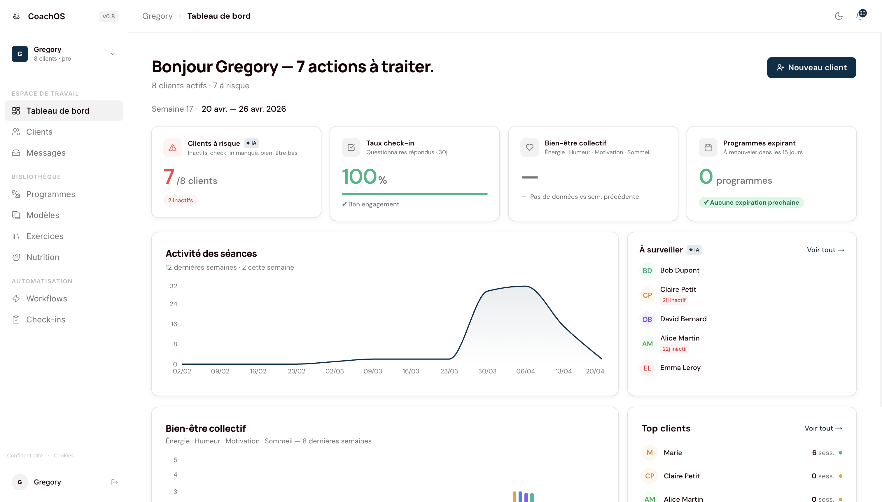 Tableau de bord CoachOS — logiciel de gestion pour coach sportif : KPIs, activité séances et suivi clients